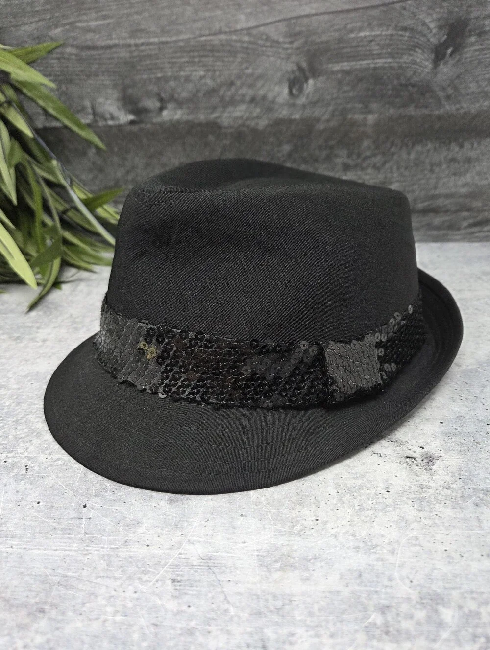 Black Fedora Hat Sequin Trim One Size